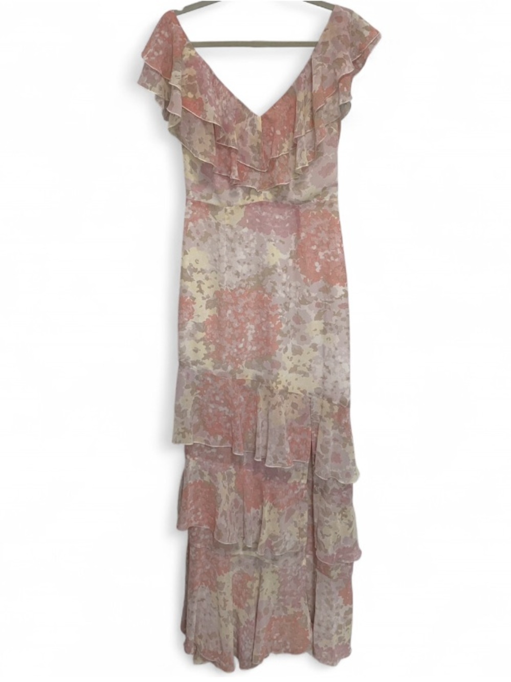 Wayf Yellow Pink Floral Ruffle V Neck Maxi Dress